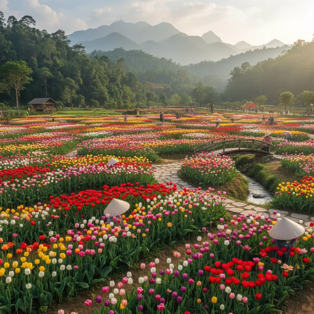 Ảnh hoa tulip nhiều màu sắc dưới nắng nhẹ