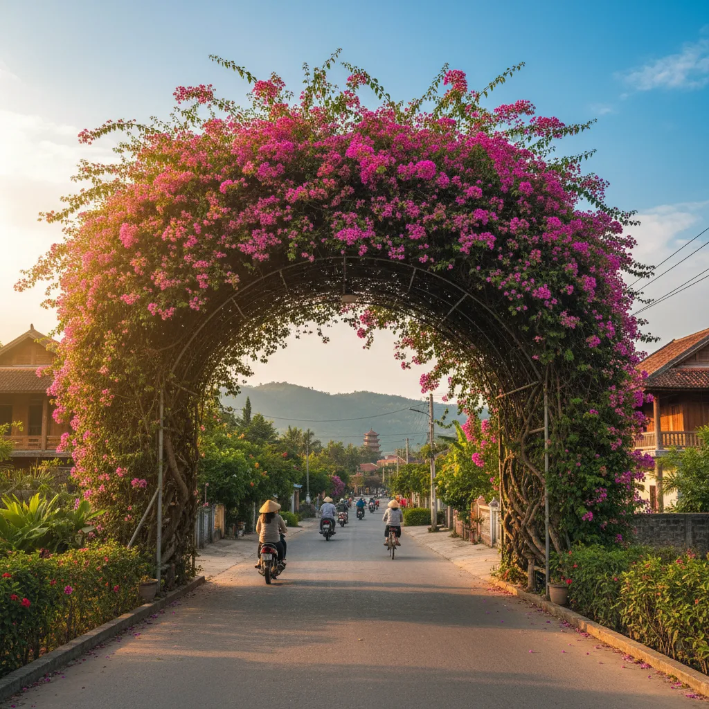 Giàn hoa giấy rợp bóng trên con đường làng