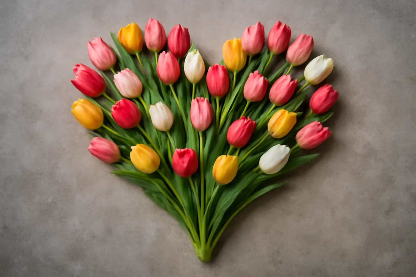 Ảnh hoa tulip xếp thành hình trái tim nhìn từ trên cao