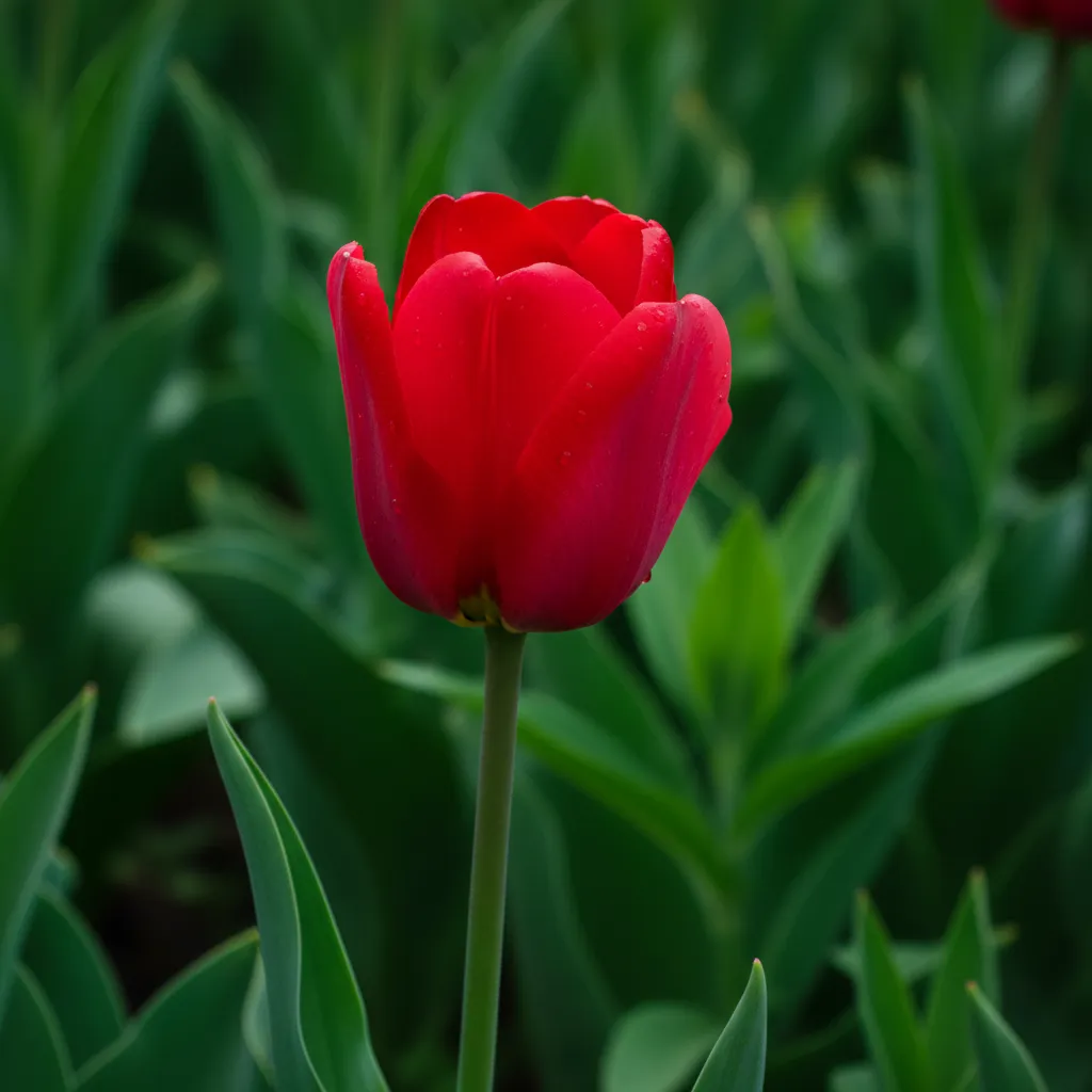 Ảnh hoa tulip đỏ nổi bật trên nền lá xanh