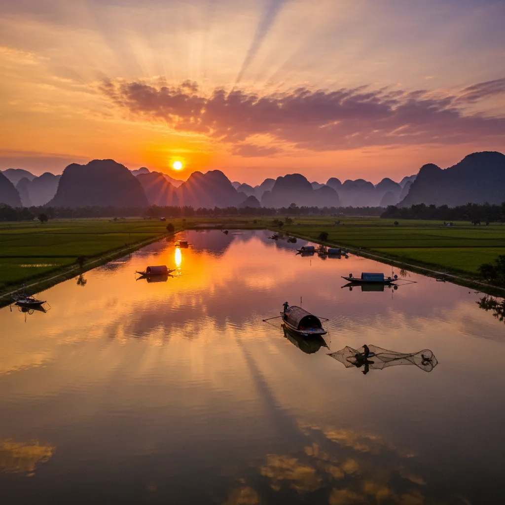 hoàng hôn phản chiếu trên mặt hồ phẳng lặng